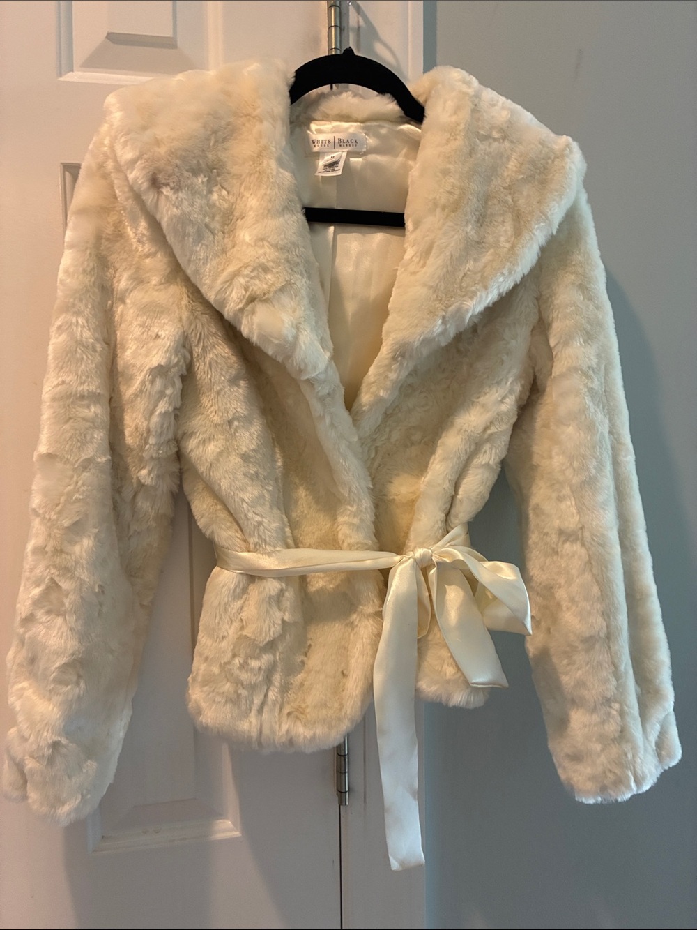 White House Black Market White Faux Fur Wrap Jacket with Ribbon Tie
